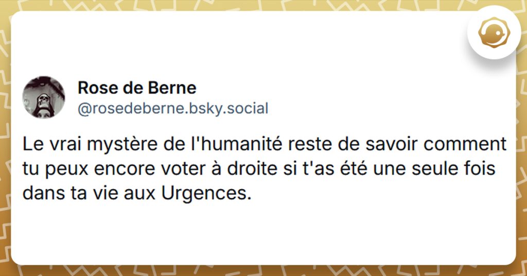 Post liseré de jaune de @rosedeberne. disant "Le vrai mystère de l'humanité reste de savoir comment tu peux encore voter à droite si t'as été une seule fois dans ta vie aux Urgences."