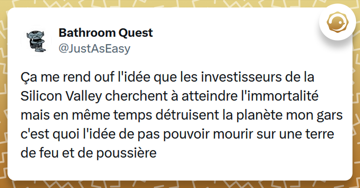 Post liseré de jaune de @JustAsEasy disant "Ça me rend ouf l'idée que les investisseurs de la Silicon Valley cherchent à atteindre l'immortalité mais en même temps détruisent la planète mon gars c'est quoi l'idée de pas pouvoir mourir sur une terre de feu et de poussière"