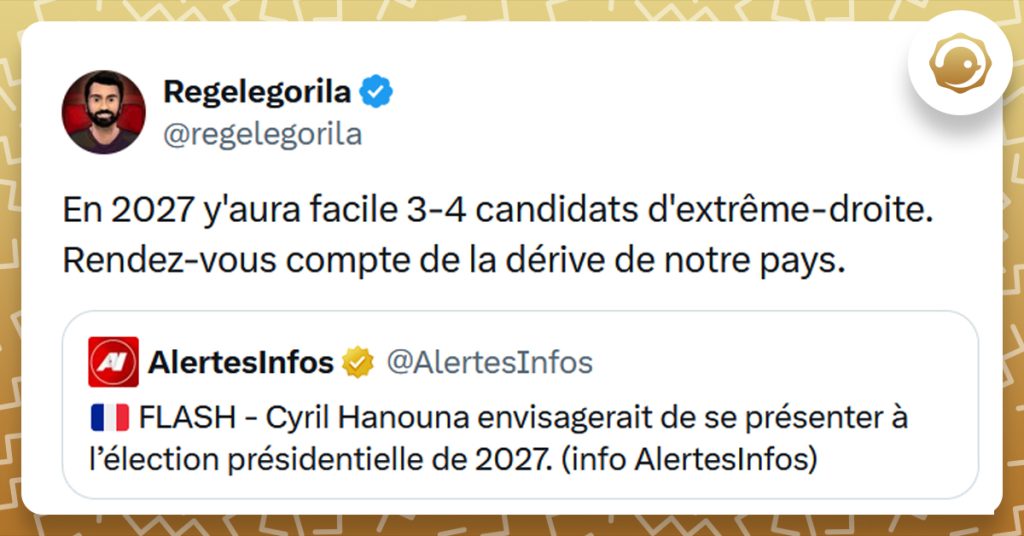 Post liseré de jaune de @AlertesInfos disant "Cyril Hanouna envisagerait de se présenter à l’élection présidentielle de 2027. (info AlertesInfos)". Post de @regelegorila répondant "En 2027 y'aura facile 3-4 candidats d'extrême-droite. Rendez-vous compte de la dérive de notre pays."