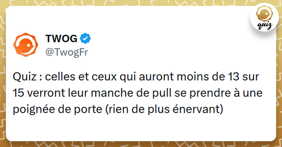 Post liseré de jaune de @TwogFR disant "Quiz : celles et ceux qui auront moins de 13 sur 15 verront leur manche de pull se prendre à une poignée de porte (rien de plus énervant)"