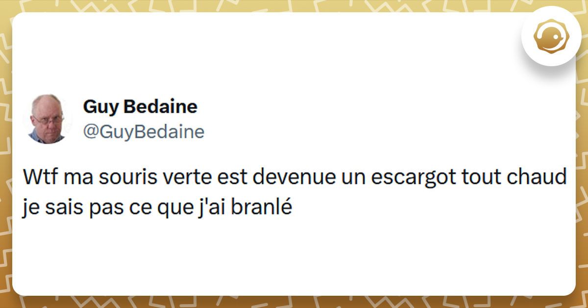 Post liseré de jaune de @GuyBedaine disant "Wtf ma souris verte est devenue un escargot tout chaud je sais pas ce que j'ai branlé"