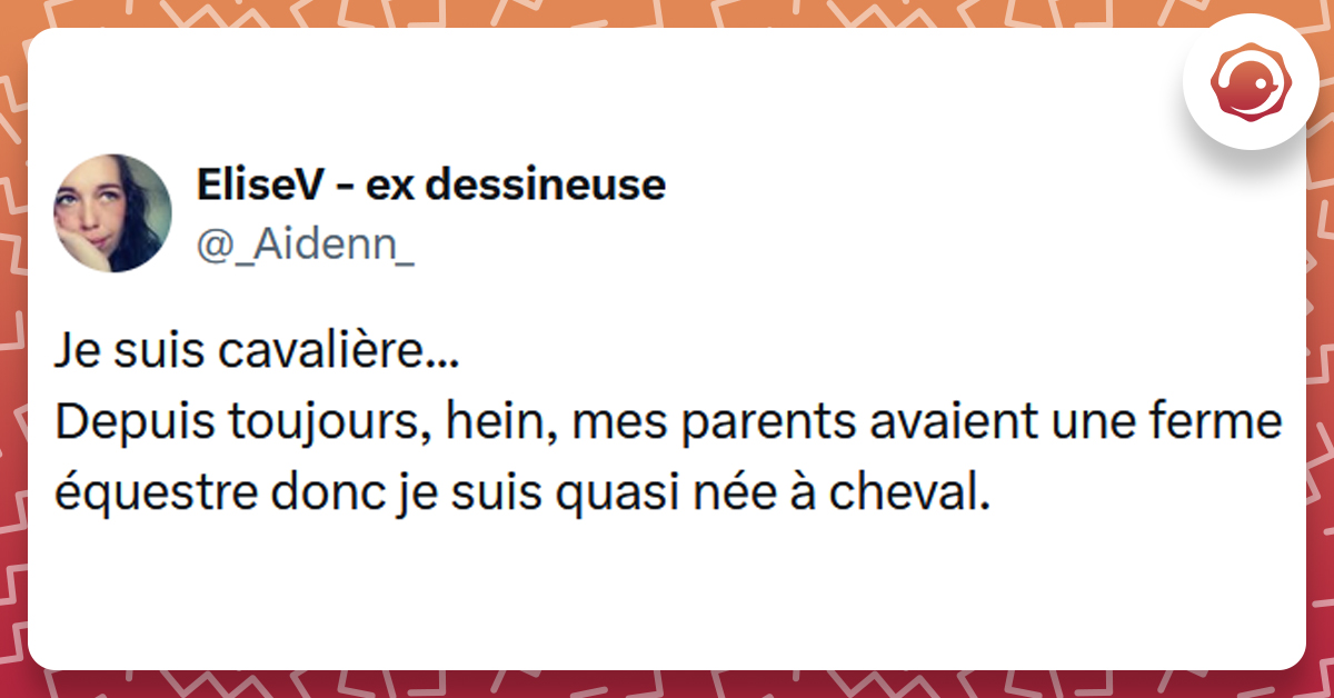 Post liseré d'orange de @_Aidenn_ disant "Je suis cavalière... Depuis toujours, hein, mes parents avaient une ferme équestre donc je suis quasi née à cheval."