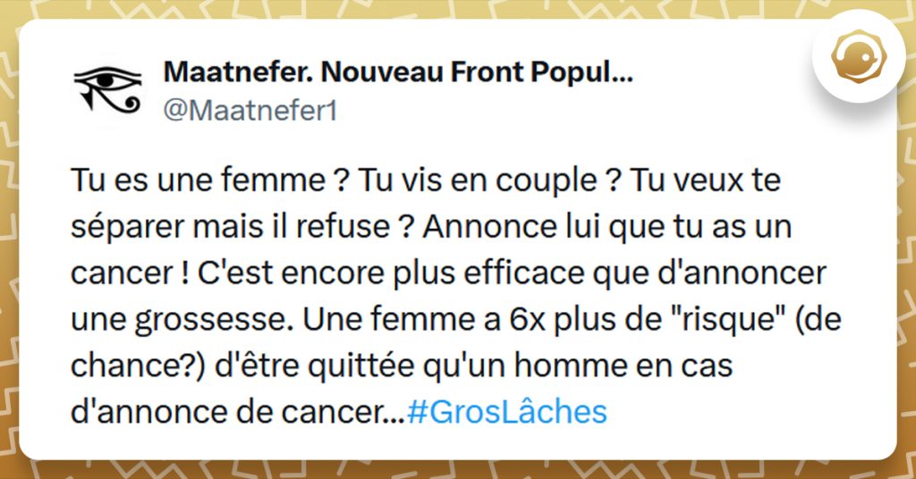 Post liseré de jaune de @Maatnefer1 disant "Tu es une femme ? Tu vis en couple ? Tu veux te séparer mais il refuse ? Annonce lui que tu as un cancer ! C'est encore plus efficace que d'annoncer une grossesse. Une femme a 6x plus de "risque" (de chance?) d'être quittée qu'un homme en cas d'annonce de cancer...#GrosLâches"