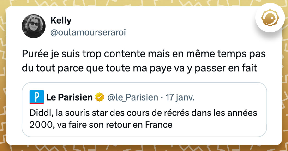 Tweet de @oulamourseraroi à propos de la recommercialisation des produits Diddl : "Purée je suis trop contente mais en même temps pas du tout parce que toute ma paye va y passer en fait"