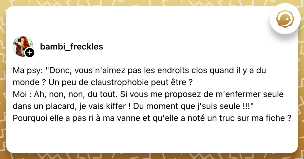 Post de @bambi_freckles : "Ma psy: "Donc, vous n'aimez pas les endroits clos quand il y a du monde ? Un peu de claustrophobie peut être ? Moi : Ah, non, non, du tout. Si vous me proposez de m'enfermer seule dans un placard, je vais kiffer ! Du moment que j'suis seule !!!" Pourquoi elle a pas ri à ma vanne et qu'elle a noté un truc sur ma fiche ?"