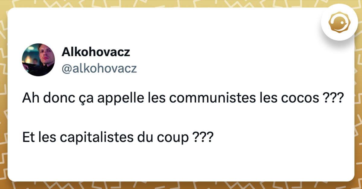 Tweet de @alkohovacz : "Ah donc ça appelle les communistes les cocos ??? Et les capitalistes du coup ???"