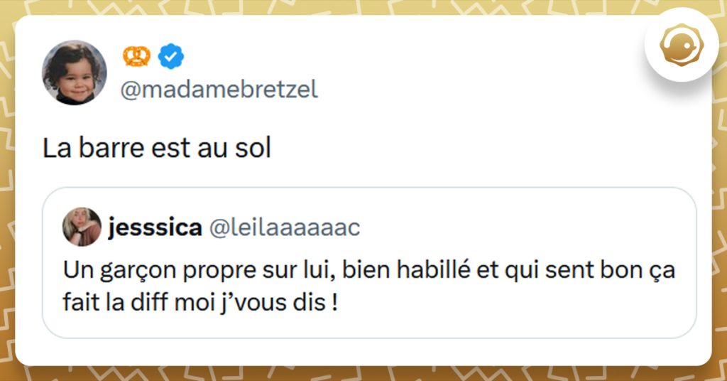 Post liseré de jaune de @leilaaaaaac disant "Un garçon propre sur lui, bien habillé et qui sent bon ça fait la diff moi j’vous dis !". Post de @madamebretzel répondant "La barre est au sol"