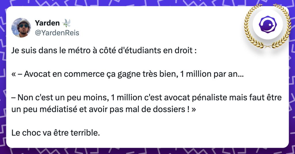 @YardenReis Je suis dans le métro à côté d'étudiants en droit : « – Avocat en commerce ça gagne très bien, 1 million par an... – Non c'est un peu moins, 1 million c'est avocat pénaliste mais faut être un peu médiatisé et avoir pas mal de dossiers ! » Le choc va être terrible.