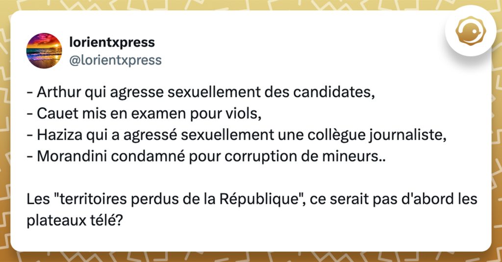 @lorientxpress - Arthur qui agresse sexuellement des candidates, - Cauet mis en examen pour viols, - Haziza qui a agressé sexuellement une collègue journaliste, - Morandini condamné pour corruption de mineurs.. Les "territoires perdus de la République", ce serait pas d'abord les plateaux télé?