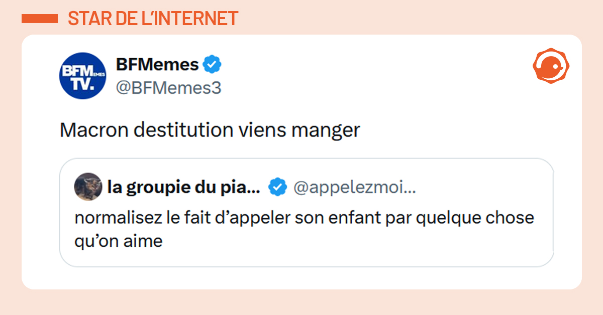 Post liseré d'orange de @appelezmoimoon disant "normalisez le fait d’appeler son enfant par quelque chose qu’on aime". Post de @BFMemes3 répondant "Macron destitution viens manger"