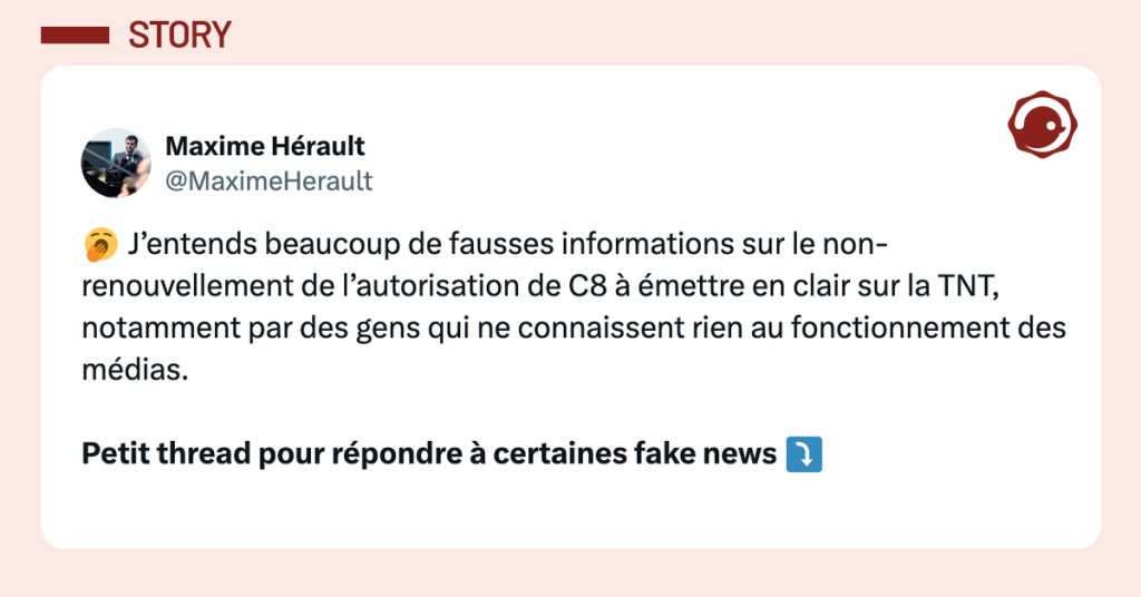 @MaximeHerault 🥱 J’entends beaucoup de fausses informations sur le non-renouvellement de l’autorisation de C8 à émettre en clair sur la TNT, notamment par des gens qui ne connaissent rien au fonctionnement des médias. Petit thread pour répondre à certaines fake news