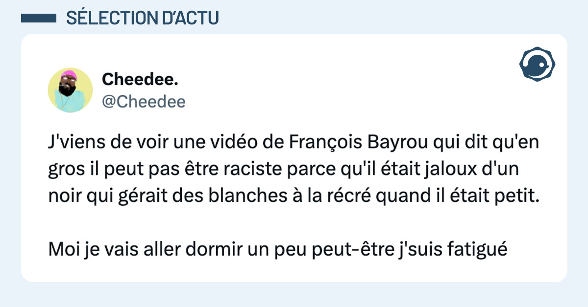 Tweet de @Cheedee : "J'viens de voir une vidéo de François Bayrou qui dit qu'en gros il peut pas être raciste parce qu'il était jaloux d'un noir qui gérait des blanches à la récré quand il était petit. Moi je vais aller dormir un peu peut-être j'suis fatigué"