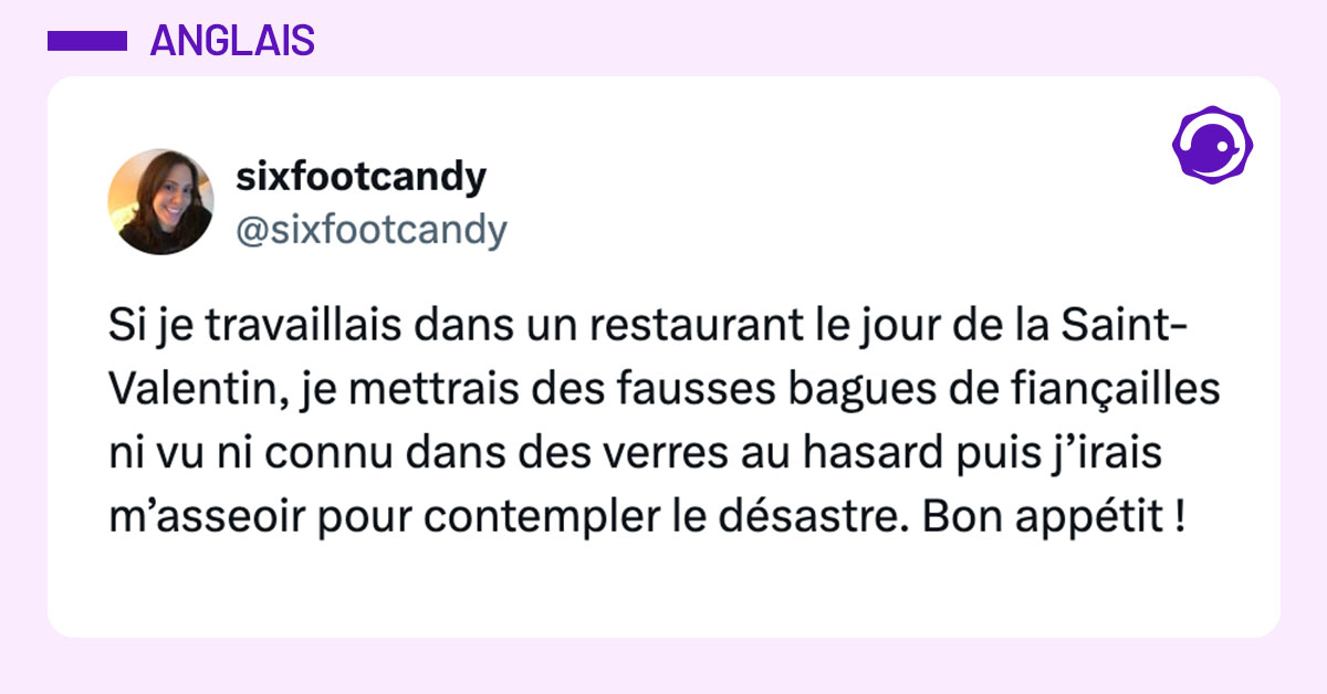 Tweet de @sixfootcandy : "Si je travaillais dans un restaurant le jour de la Saint-Valentin, je mettrais des fausses bagues de fiançailles ni vu ni connu dans des verres au hasard puis j’irais m’asseoir pour contempler le désastre. Bon appétit !"