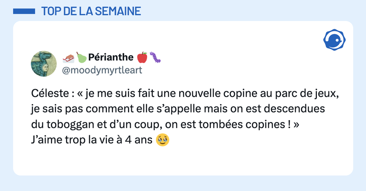 Post de. @moodymyrtleart Céleste : « je me suis fait une nouvelle copine au parc de jeux, je sais pas comment elle s’appelle mais on est descendues du toboggan et d’un coup, on est tombées copines ! » J’aime trop la vie à 4 ans 🥹