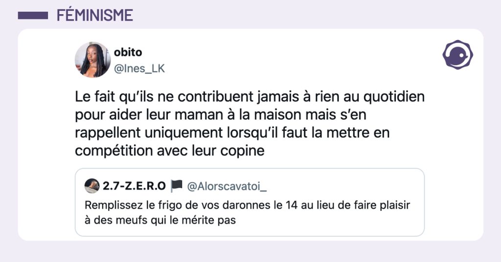 @Ines_LK Mais je pense même pas qu’ils arriveraient à exprimer verbalement pourquoi ils aiment leurs mamans si on leur enlevait le champ lexical de la cuisine ou du ménage