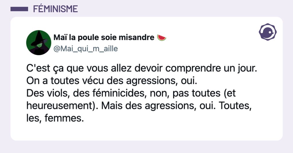 @Mai_qui_m_aille C'est ça que vous allez devoir comprendre un jour. On a toutes vécu des agressions, oui. Des viols, des féminicides, non, pas toutes (et heureusement). Mais des agressions, oui. Toutes, les, femmes.