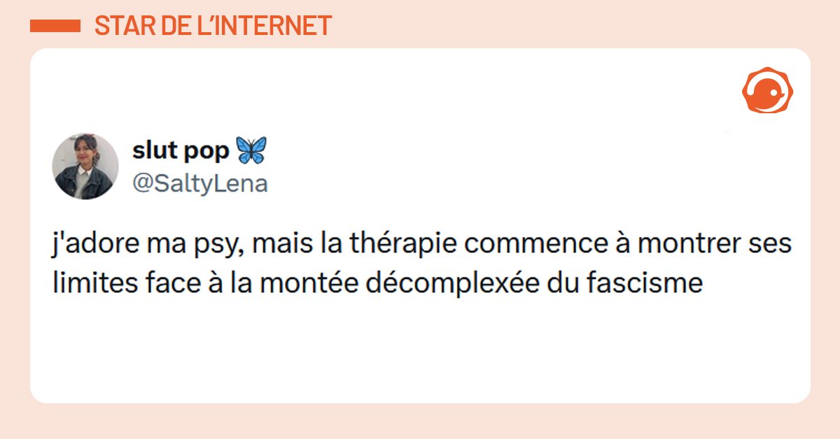 Post liseré d'orange de @SaltyLena disant "j'adore ma psy, mais la thérapie commence à montrer ses limites face à la montée décomplexée du fascisme"