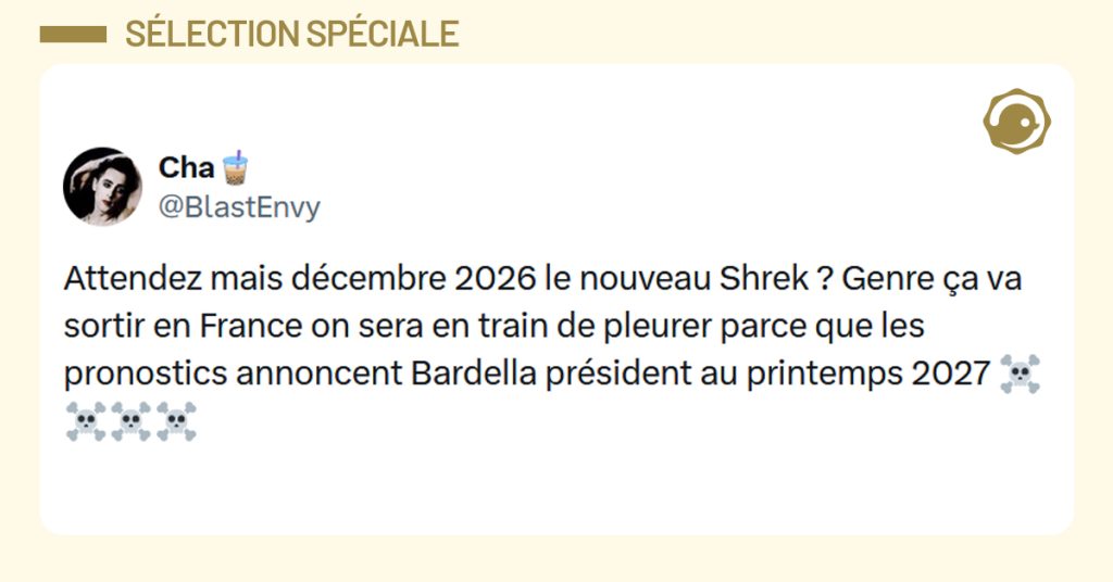 Post liseré de jaune de @BlastEnvy disant "Attendez mais décembre 2026 le nouveau Shrek ? Genre ça va sortir en France on sera en train de pleurer parce que les pronostics annoncent Bardella président au printemps 2027"