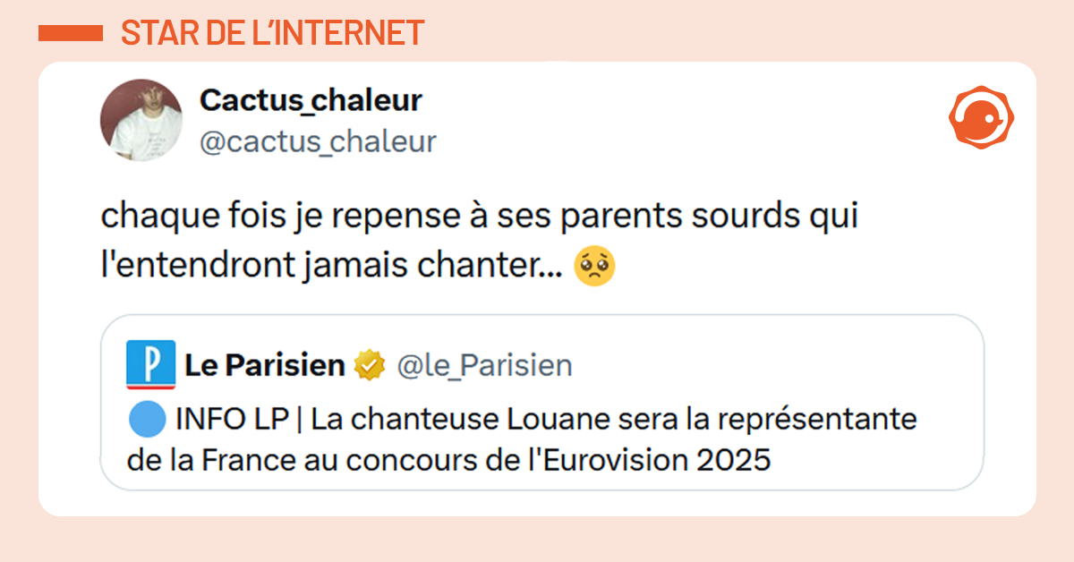 Post liseré de rose de @le_Parisien disant "La chanteuse Louane sera la représentante de la France au concours de l'Eurovision 2025". Post de @cactus_chaleur répondant "chaque fois je repense à ses parents sourds qui l'entendront jamais chanter... 🥺"