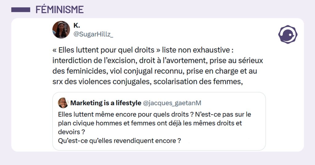 Post liseré de violet de @jacques_gaetanM disant "Elles luttent même encore pour quels droits ? N’est-ce pas sur le plan civique hommes et femmes ont déjà les mêmes droits et devoirs ? Qu’est-ce qu’elles revendiquent encore ?". Post de @SugarHillz_ répondant "« Elles luttent pour quel droits » liste non exhaustive : interdiction de l’excision, droit à l’avortement, prise au sérieux des feminicides, viol conjugal reconnu, prise en charge et au srx des violences conjugales, scolarisation des femmes,"