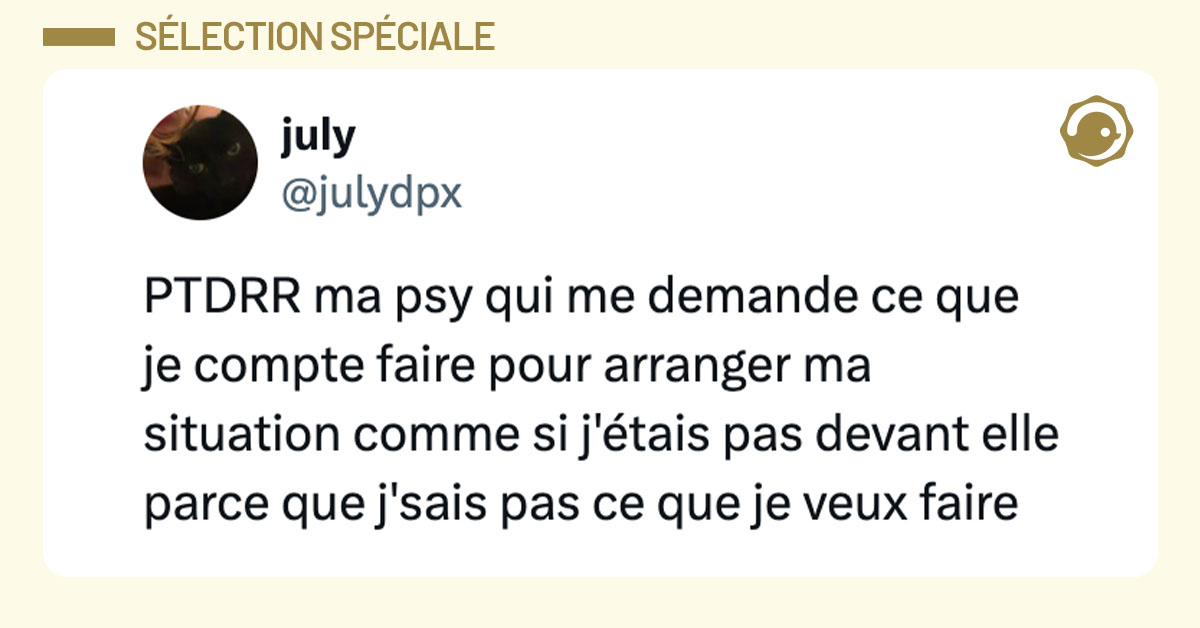 Tweet de @julydpx : "PTDRR ma psy qui me demande ce que je compte faire pour arranger ma situation comme si j'étais pas devant elle parce que j'sais pas ce que je veux faire"