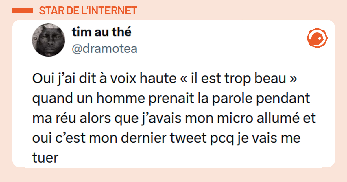 Post liseré d'orange de @dramotea disant "Oui j’ai dit à voix haute « il est trop beau » quand un homme prenait la parole pendant ma réu alors que j’avais mon micro allumé et oui c’est mon dernier tweet pcq je vais me tuer"