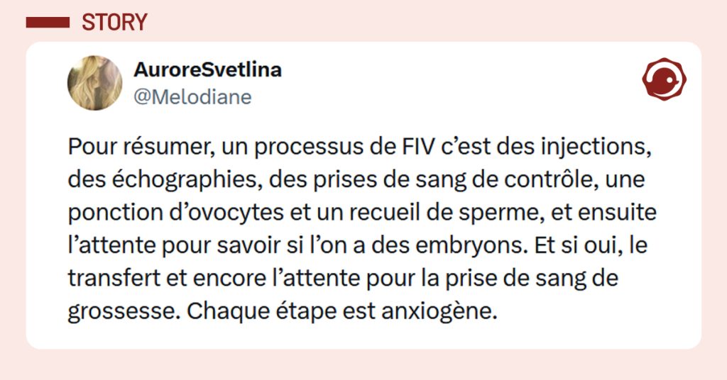 Post liseré de rose de @Melodiane disant "Pour résumer, un processus de FIV c’est des injections, des échographies, des prises de sang de contrôle, une ponction d’ovocytes et un recueil de sperme, et ensuite l’attente pour savoir si l’on a des embryons. Et si oui, le transfert et encore l’attente pour la prise de sang de grossesse. Chaque étape est anxiogène. "