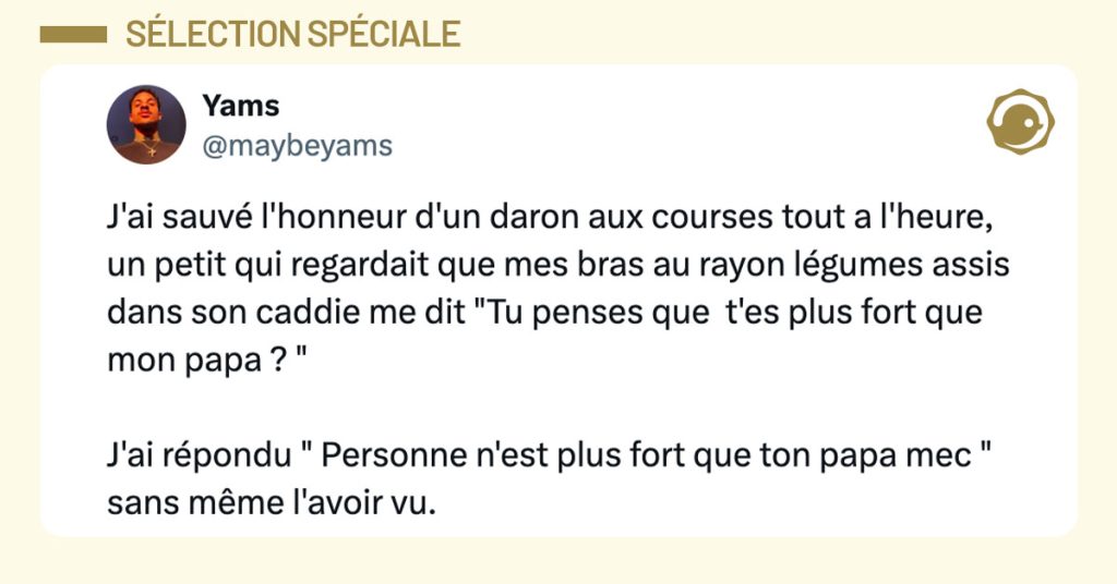 Tweet de @maybeyams : "J'ai sauv&eacute; l'honneur d'un daron aux courses tout a l'heure, un petit qui regardait que mes bras au rayon l&eacute;gumes assis dans son caddie me dit "Tu penses que t'es plus fort que mon papa ? " J'ai r&eacute;pondu " Personne n'est plus fort que ton papa mec " sans m&ecirc;me l'avoir vu."