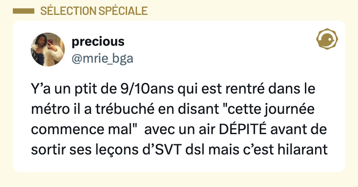 Tweet de @mrie_bga : "Y’a un ptit de 9/10ans qui est rentré dans le métro il a trébuché en disant "cette journée commence mal" avec un air DÉPITÉ avant de sortir ses leçons d’SVT dsl mais c’est hilarant"