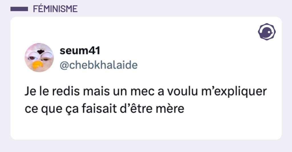 Tweet de @chebkhalaide : "Je le redis mais un mec a voulu m’expliquer ce que ça faisait d’être mère"