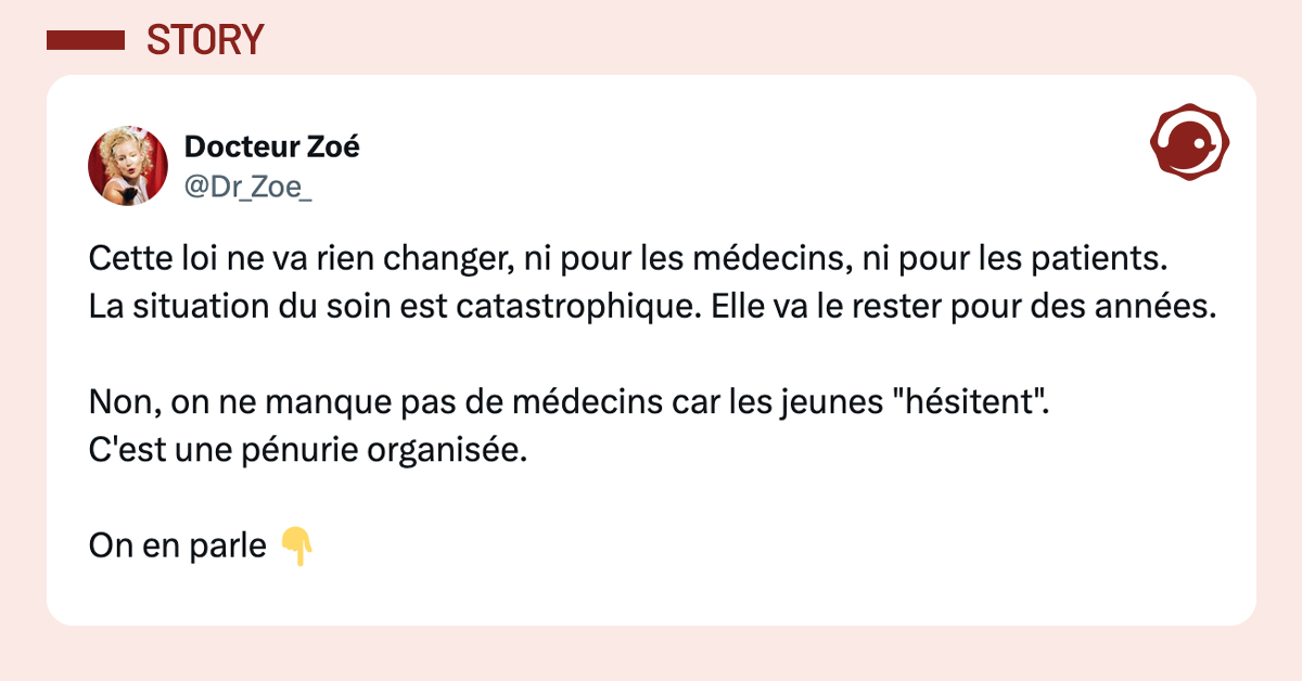 @Dr_Zoe_ Cette loi ne va rien changer, ni pour les médecins, ni pour les patients. La situation du soin est catastrophique. Elle va le rester pour des années. Non, on ne manque pas de médecins car les jeunes "hésitent". C'est une pénurie organisée. On en parle