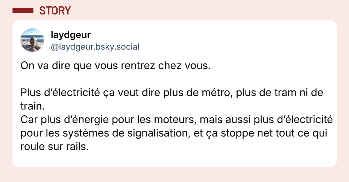 Post liseré de rose de @laydgeur.bsky.social‬ disant "On va dire que vous rentrez chez vous. Plus d’électricité ça veut dire plus de métro, plus de tram ni de train. Car plus d’énergie pour les moteurs, mais aussi plus d’électricité pour les systèmes de signalisation, et ça stoppe net tout ce qui roule sur rails."