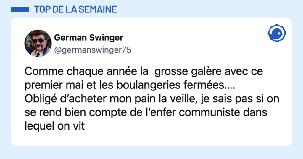 @germanswinger75 Comme chaque année la grosse galère avec ce premier mai et les boulangeries fermées…. Obligé d’acheter mon pain la veille, je sais pas si on se rend bien compte de l’enfer communiste dans lequel on vit