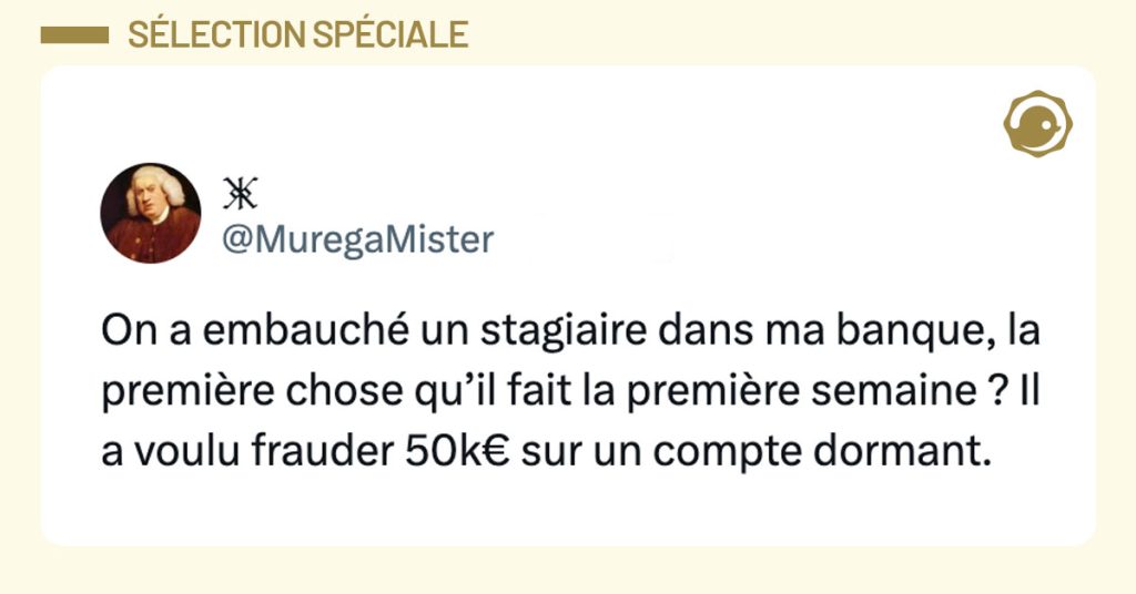 Tweet de @MuregaMister : "On a embauché un stagiaire dans ma banque, la première chose qu’il fait la première semaine ? Il a voulu frauder 50k€ sur un compte dormant."