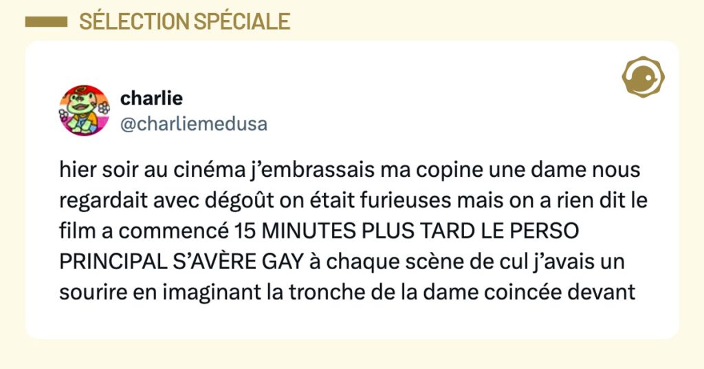 Tweet de @charliemedusa : "hier soir au cinéma j’embrassais ma copine une dame nous regardait avec dégoût on était furieuses mais on a rien dit le film a commencé 15 MINUTES PLUS TARD LE PERSO PRINCIPAL S’AVÈRE GAY à chaque scène de cul j’avais un sourire en imaginant la tronche de la dame coincée devant"