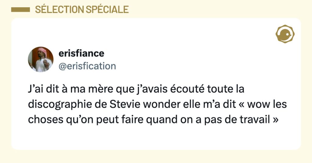 Tweet de @erisfication : "J’ai dit à ma mère que j’avais écouté toute la discographie de Stevie wonder elle m’a dit « wow les choses qu’on peut faire quand on a pas de travail »"