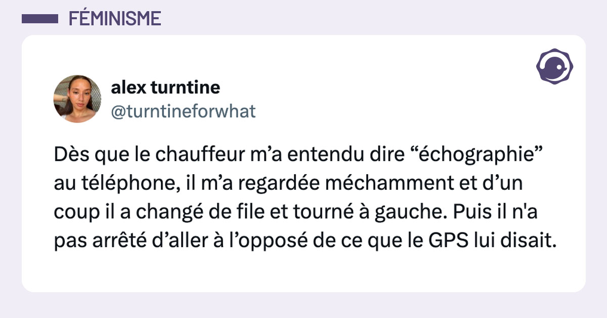 Tweet de @turntineforwhat : "Dès que le chauffeur m’a entendu dire “échographie” au téléphone, il m’a regardée méchamment et d’un coup il a changé de file et tourné à gauche. Puis il n'a pas arrêté d’aller à l’opposé de ce que le GPS lui disait."
