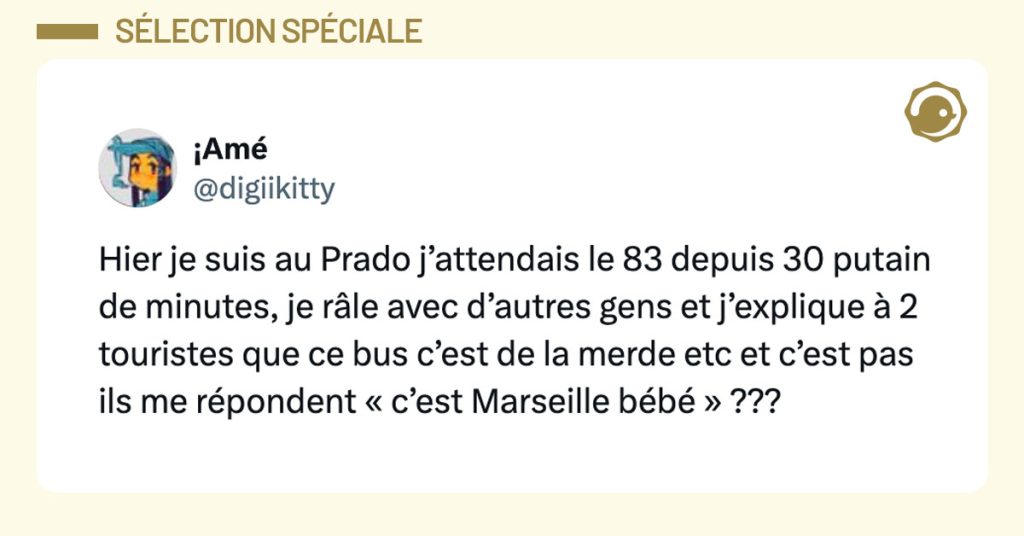 Tweet de @digiikitty : "Hier je suis au Prado j’attendais le 83 depuis 30 putain de minutes, je râle avec d’autres gens et j’explique à 2 touristes que ce bus c’est de la merde etc et c’est pas ils me répondent « c’est Marseille bébé » ???"