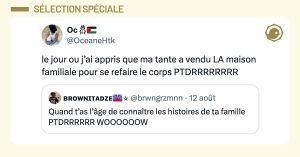 Tweet de @OceaneHtk : "le jour ou j’ai appris que ma tante a vendu LA maison familiale pour se refaire le corps PTDRRRRRRRR"