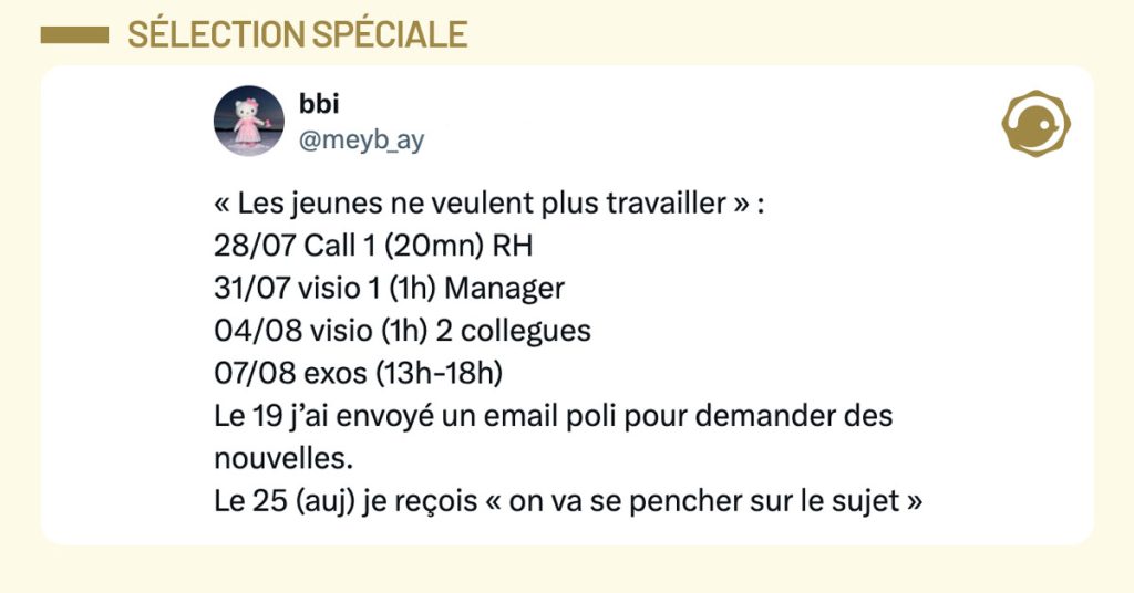 Tweet de @meyb_ay : "« Les jeunes ne veulent plus travailler » : 28/07 Call 1 (20mn) RH 31/07 visio 1 (1h) Manager 04/08 visio (1h) 2 collegues 07/08 exos (13h-18h) Le 19 j’ai envoyé un email poli pour demander des nouvelles. Le 25 (auj) je reçois « on va se pencher sur le sujet »"