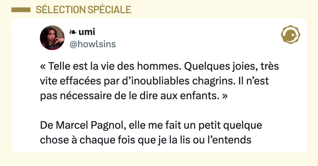 Tweet de @howlsins : "« Telle est la vie des hommes. Quelques joies, très vite effacées par d’inoubliables chagrins. Il n’est pas nécessaire de le dire aux enfants. » De Marcel Pagnol, elle me fait un petit quelque chose à chaque fois que je la lis ou l’entends"