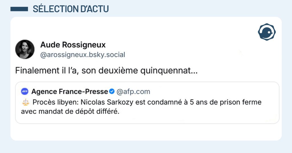 Post bleu de @arossigneux.bsky.social disant "Finalement il l’a, son deuxième quinquennat…"