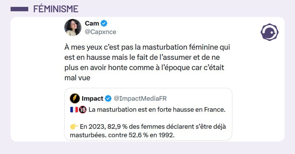 Post liseré de bleu de @Capxnce disant "À mes yeux c’est pas la masturbation féminine qui est en hausse mais le fait de l’assumer et de ne plus en avoir honte comme à l’époque car c’était mal vue"