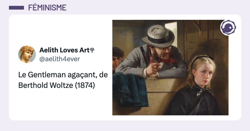 Peinture d'un homme importunant une femme dans un train avec la légende "Le Gentleman agaçant, de Berthold Woltze (1874)"