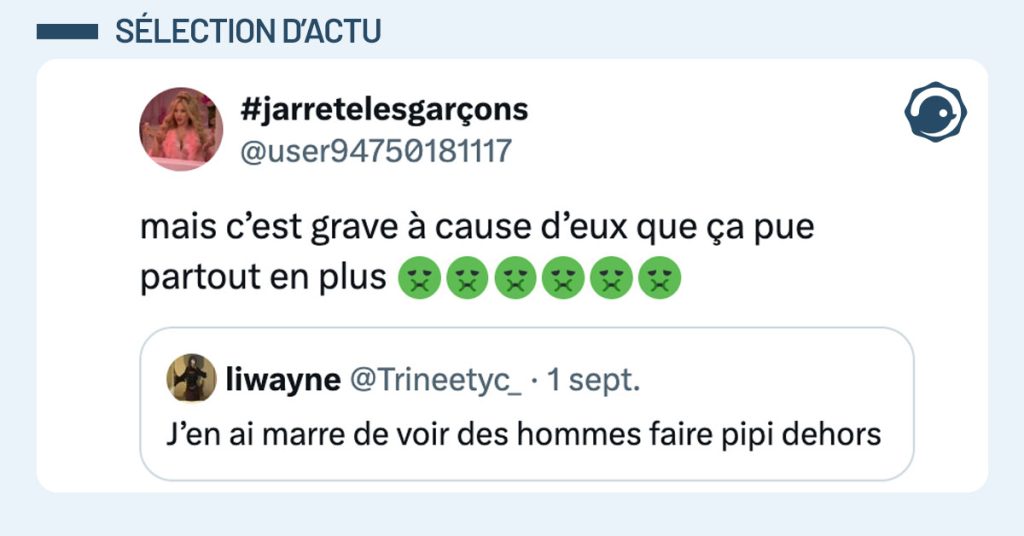 Tweet de @user94750181117 en réaction à une internaute qui dit qu'elle en a marre de voir des hommes faire pipi dehors : "mais c’est grave à cause d’eux que ça pue partout en plus 🤢🤢🤢🤢🤢🤢"