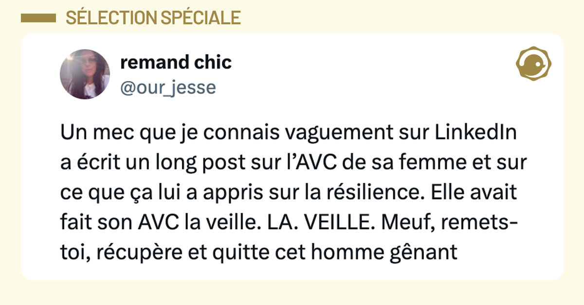 Tweet de @our_jesse : "Un mec que je connais vaguement sur LinkedIn a &eacute;crit un long post sur l&rsquo;AVC de sa femme et sur ce que &ccedil;a lui a appris sur la r&eacute;silience. Elle avait fait son AVC la veille. LA. VEILLE. Meuf, remets-toi, r&eacute;cup&egrave;re et quitte cet homme g&ecirc;nant"