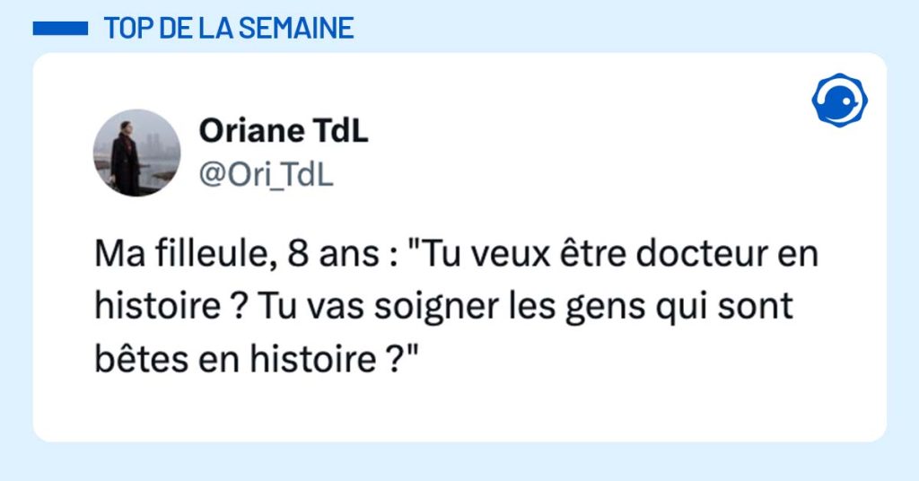 post de @Ori_TdL Ma filleule, 8 ans : "Tu veux être docteur en histoire ? Tu vas soigner les gens qui sont bêtes en histoire ?"
