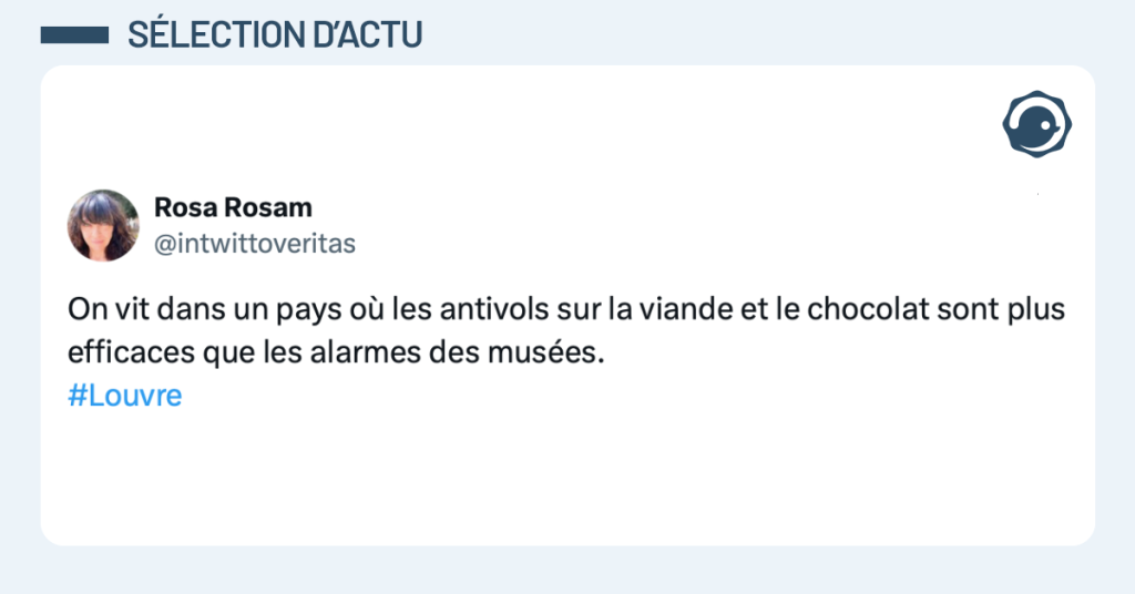 Post vignette de @intwittoveritas disant "On vit dans un pays où les antivols sur la viande et le chocolat sont plus efficaces que les alarmes des musées."
