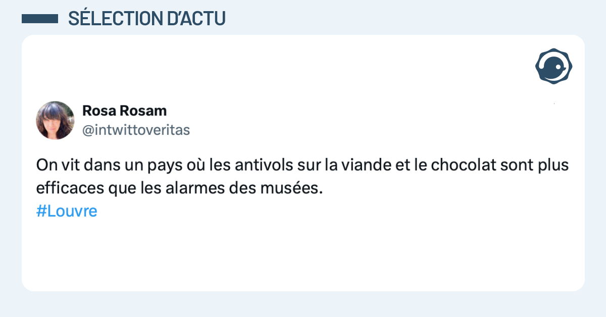 Post vignette de @intwittoveritas disant "On vit dans un pays où les antivols sur la viande et le chocolat sont plus efficaces que les alarmes des musées."
