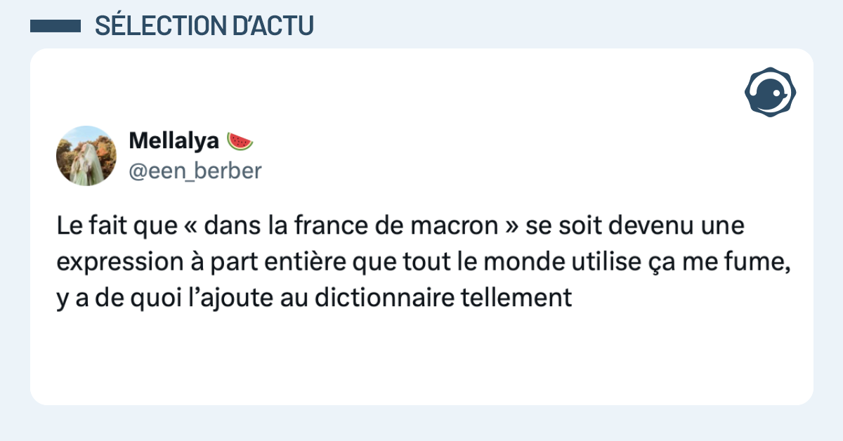Post vignette de @een_berber disant "Le fait que « dans la france de macron » se soit devenu une expression à part entière que tout le monde utilise ça me fume, y a de quoi l’ajoute au dictionnaire tellement"